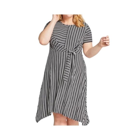 Lane Bryant Dress 22 Black Striped Maxi Belted Neutral Minimalist Retro Skater - Picture 1 of 12
